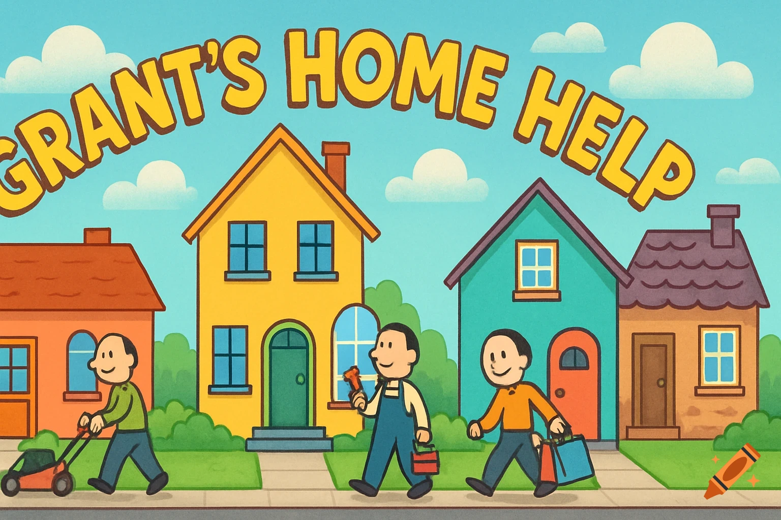 Cartoon illustration of a street with colorful houses and men doing home help tasks. Text in the sky reads 'Grant's Home Help'.