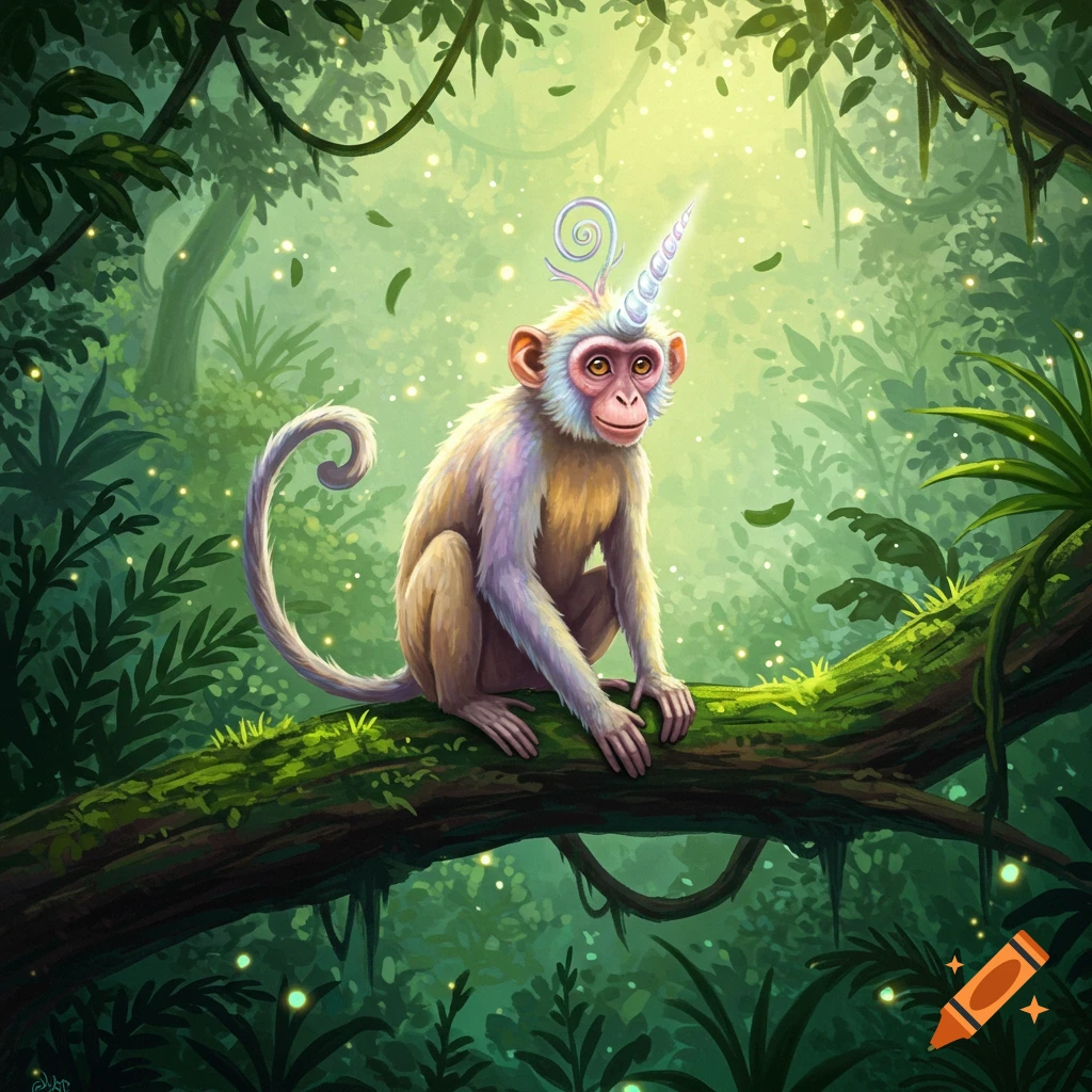 An illustrated monkey unicorn with a purple horn, sitting on a mossy branch in a bright, magical jungle.
