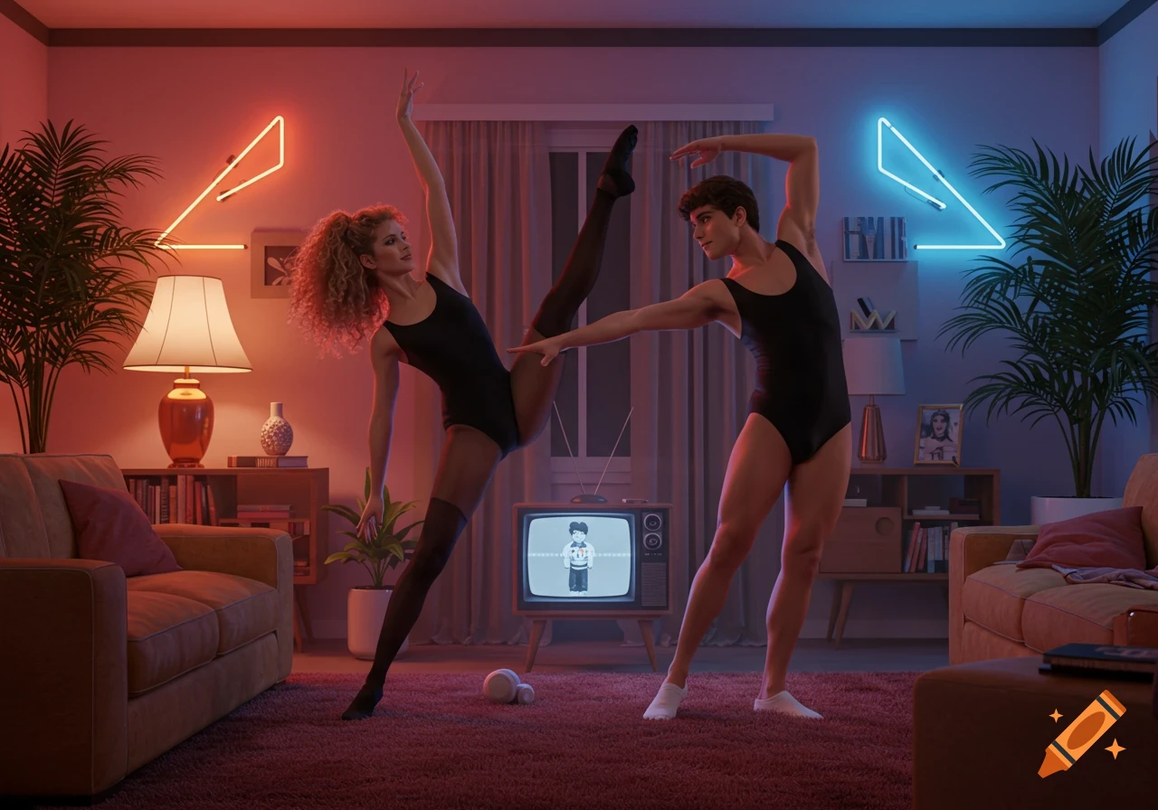A man and woman in black leotards and tights dancing in a 1980s living room with neon lights.