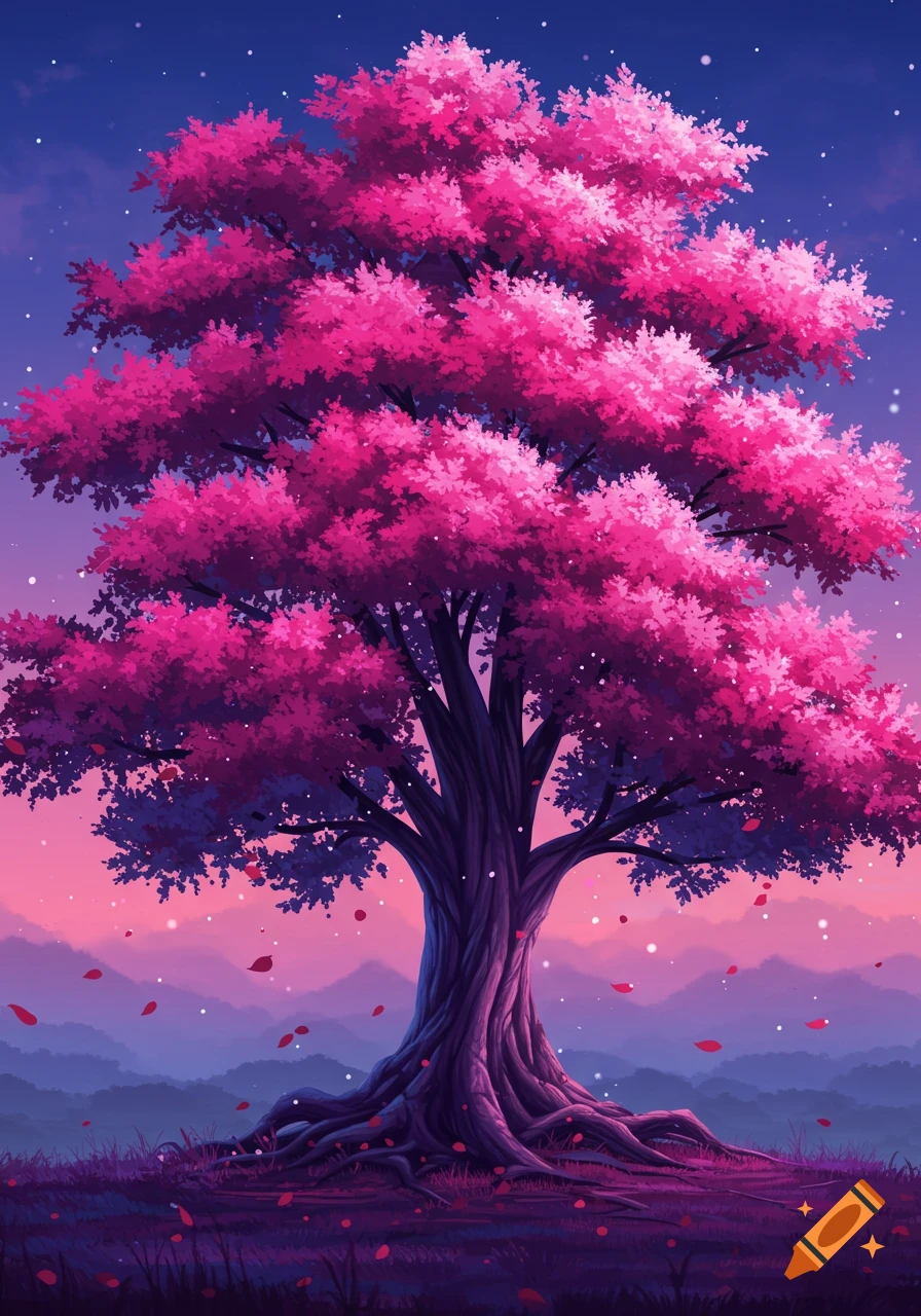 Vibrant stylized tree with a purple trunk and pink leaves, set against a gradient pink and purple twilight sky with distant mountains.