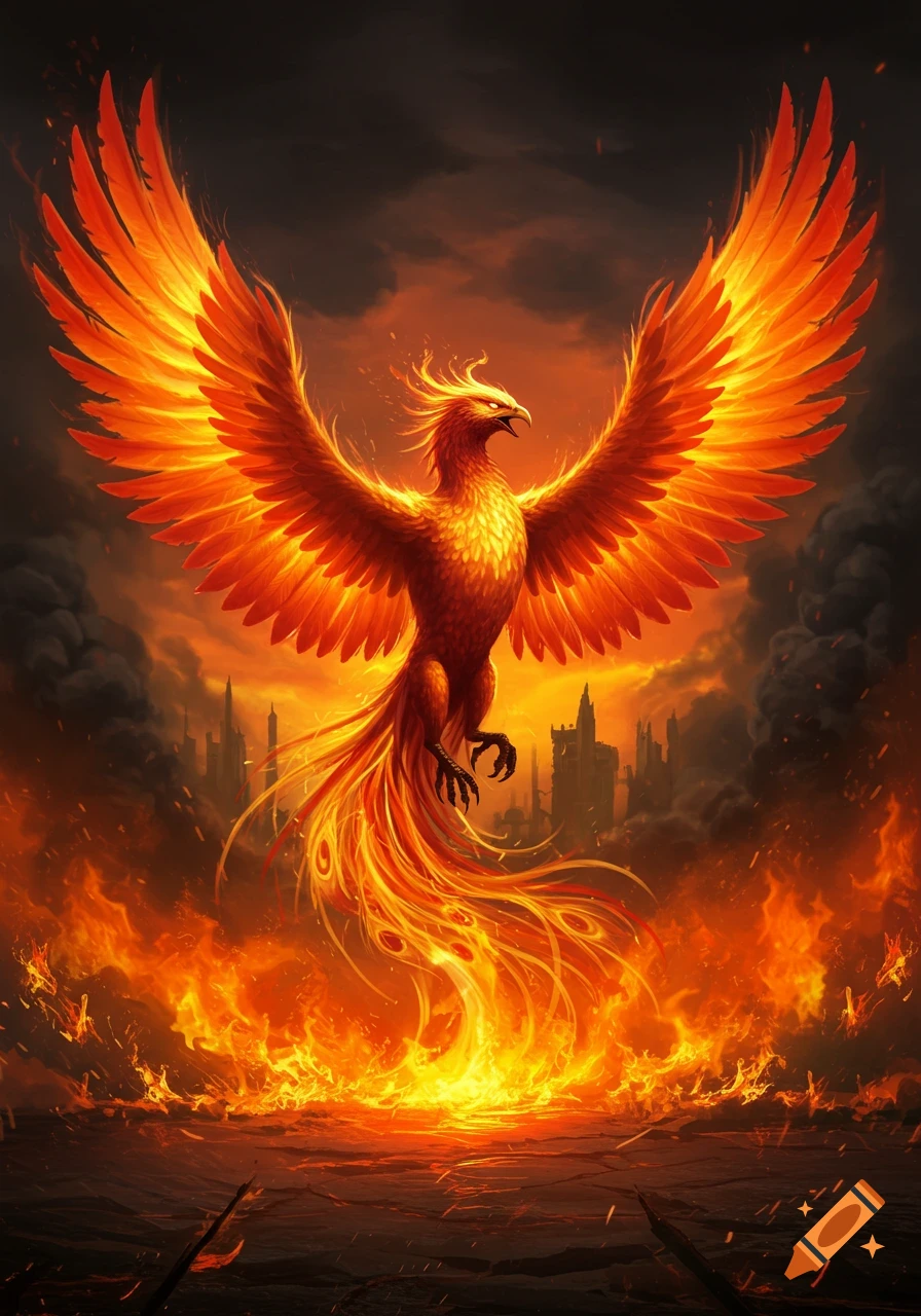 A majestic fiery phoenix with spread wings rises from a raging inferno engulfing a desolate city.
