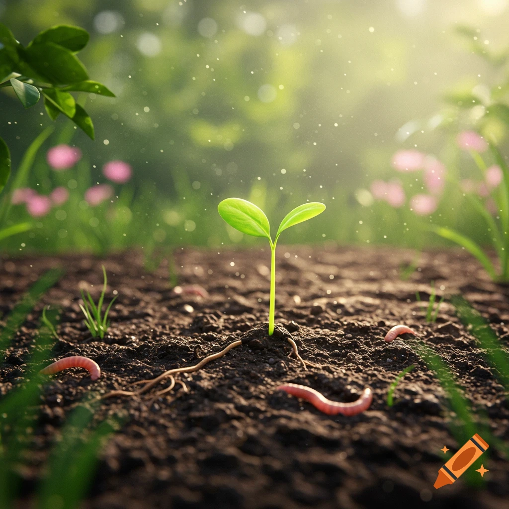 Close-up of a small green plant sprout growing in dark soil with earthworms, bathed in sunlight with a blurred green and pink background. Photorealistic style.