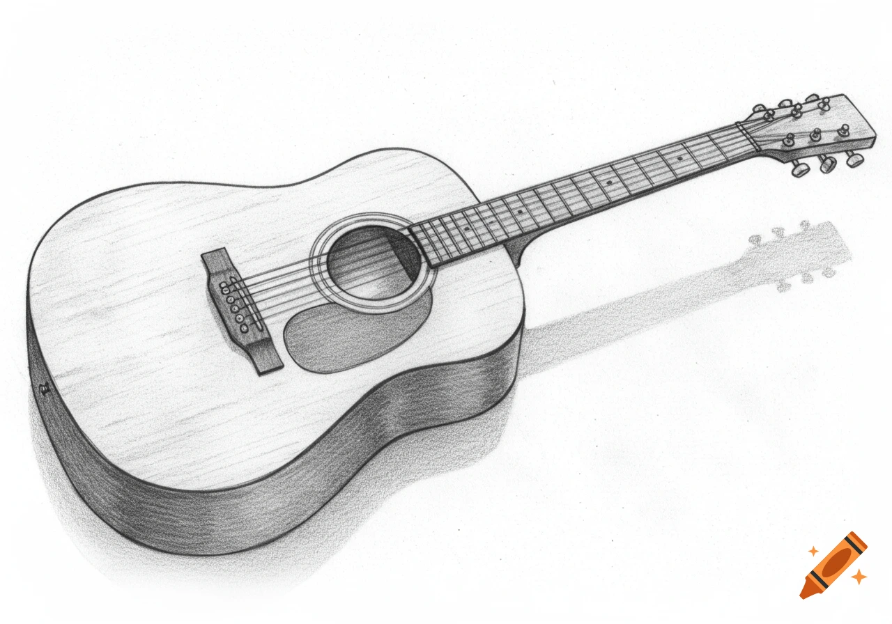 Black and white pencil sketch of an acoustic guitar with realistic shading.