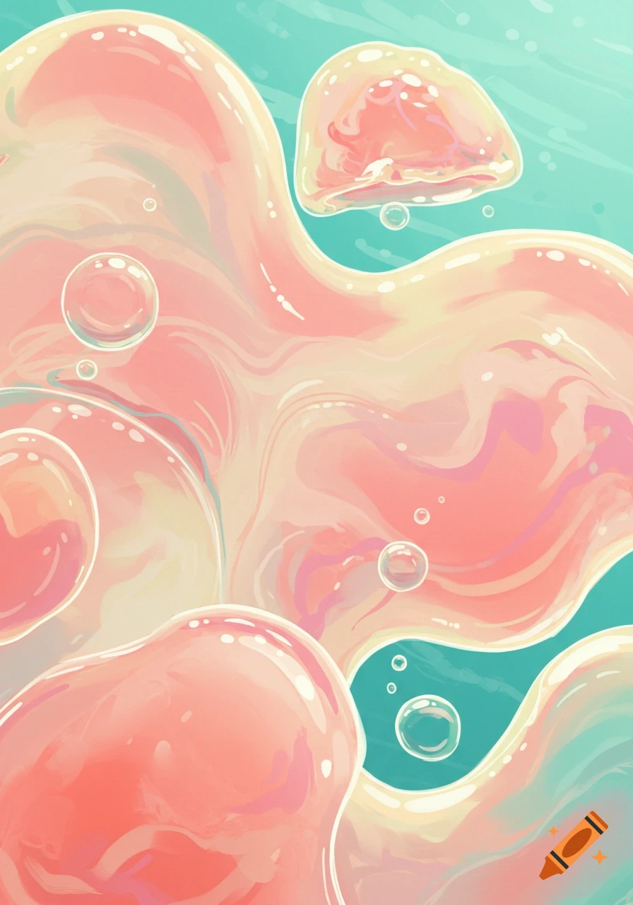 Abstract art of translucent pink and yellow jelly-like forms and bubbles floating in a light blue fluid.