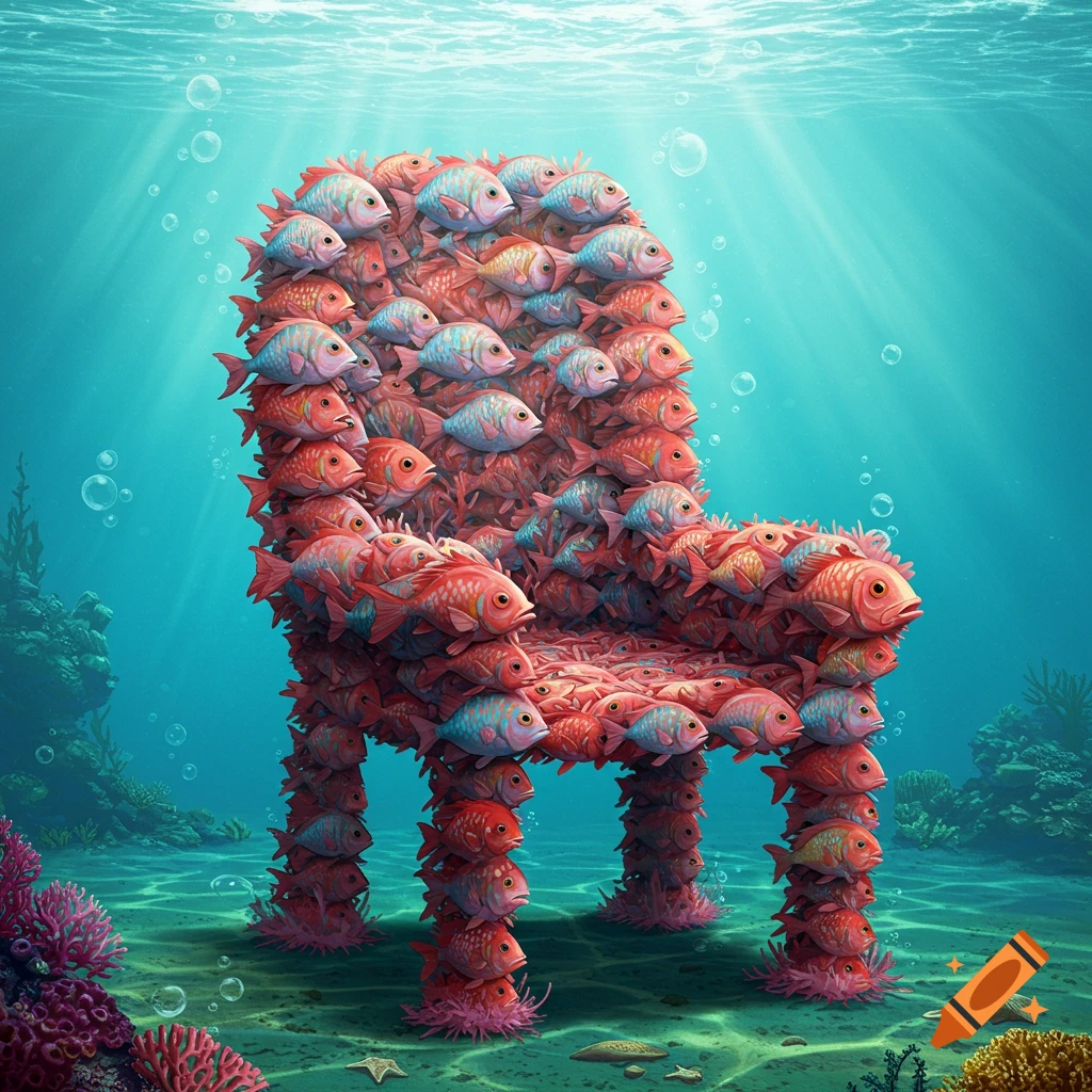 A chair crafted from red and blue fish sits on the sandy ocean floor amidst coral, with light rays and bubbles from above.