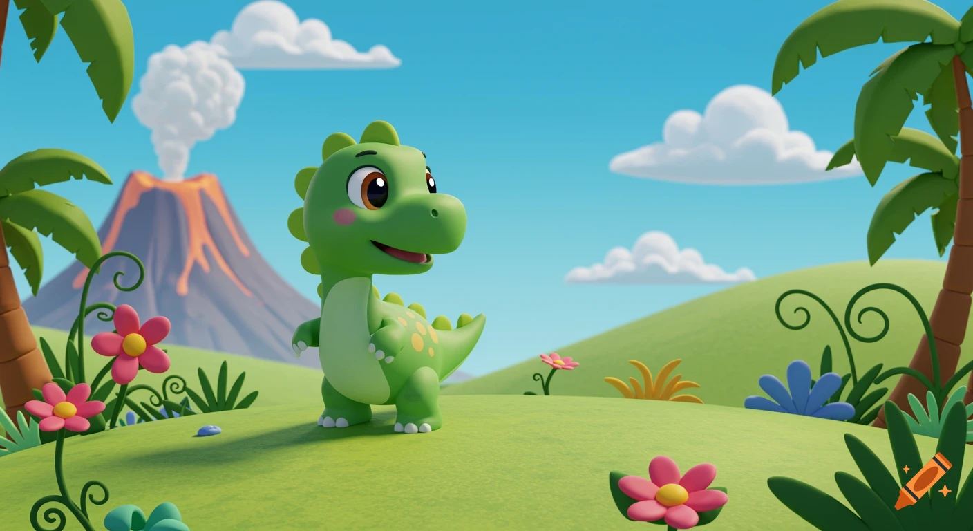 A cute green cartoon dinosaur stands on a grassy hill with a volcano, palm trees, and pink flowers under a blue sky.