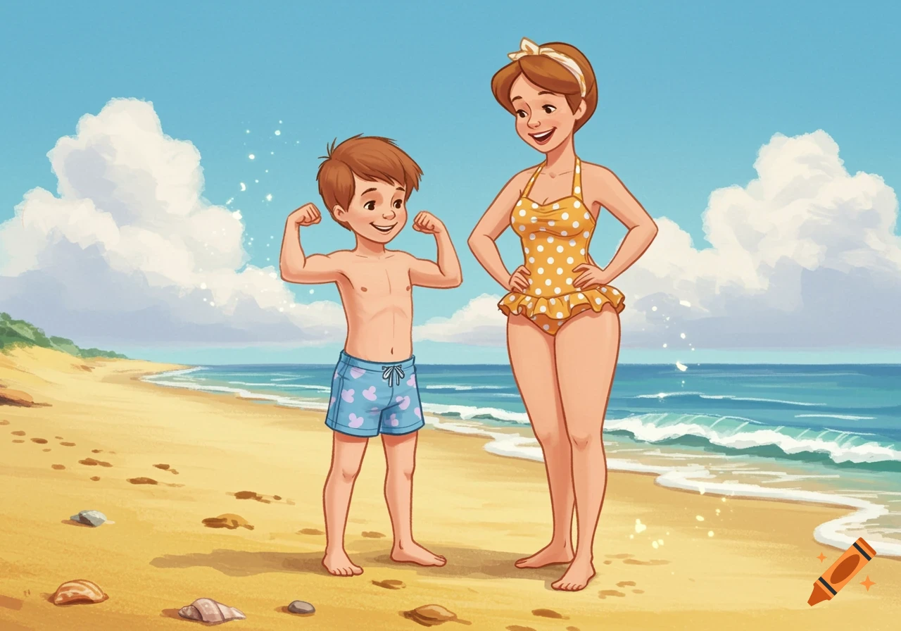 Cartoon mother and son at the beach. The son flexes his muscles while his mother smiles next to him.
