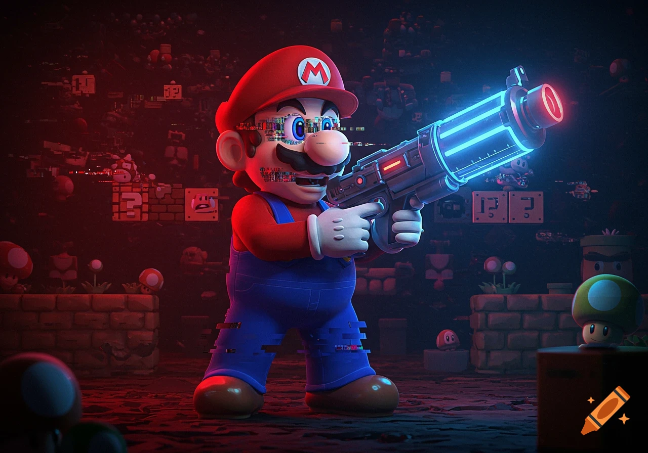 Mario in a red cap and blue overalls, glitching, holds a glowing blue laser gun in a dark, pixelated, glitchy red and blue lit environment with Mario Bros elements.