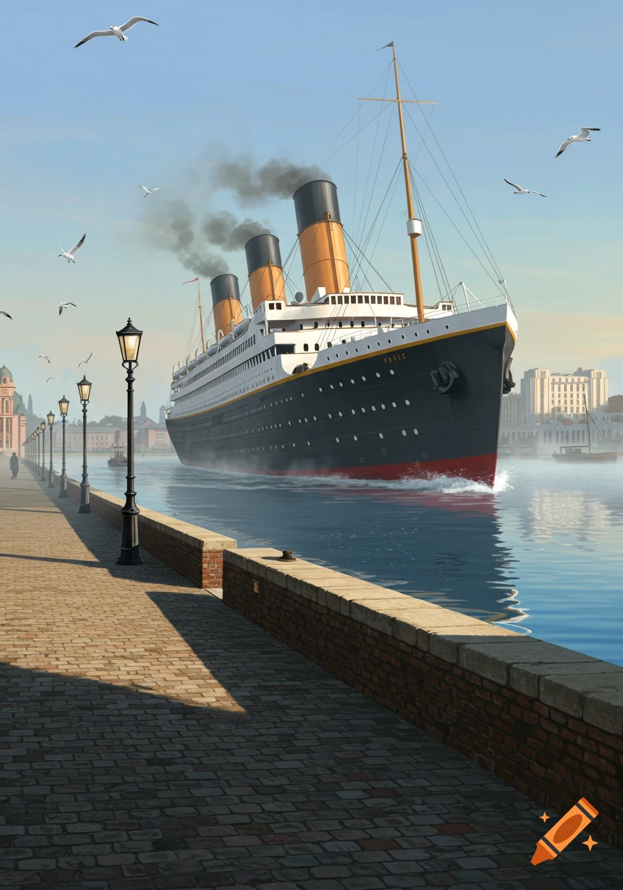 A majestic Titanic-style liner with orange smokestacks navigates a port channel, past a brick promenade lined with street lamps and distant buildings.
