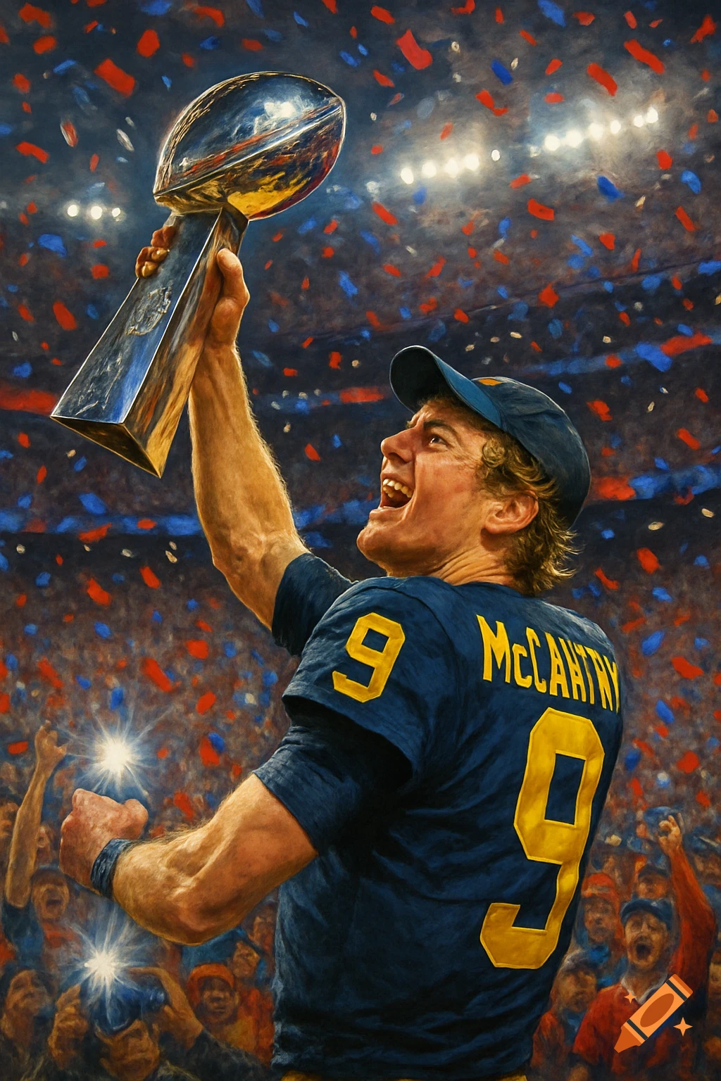 An illustrated football player in a blue #9 jersey, 'McCARTHY', celebrates holding the Super Bowl trophy in a confetti-filled stadium.