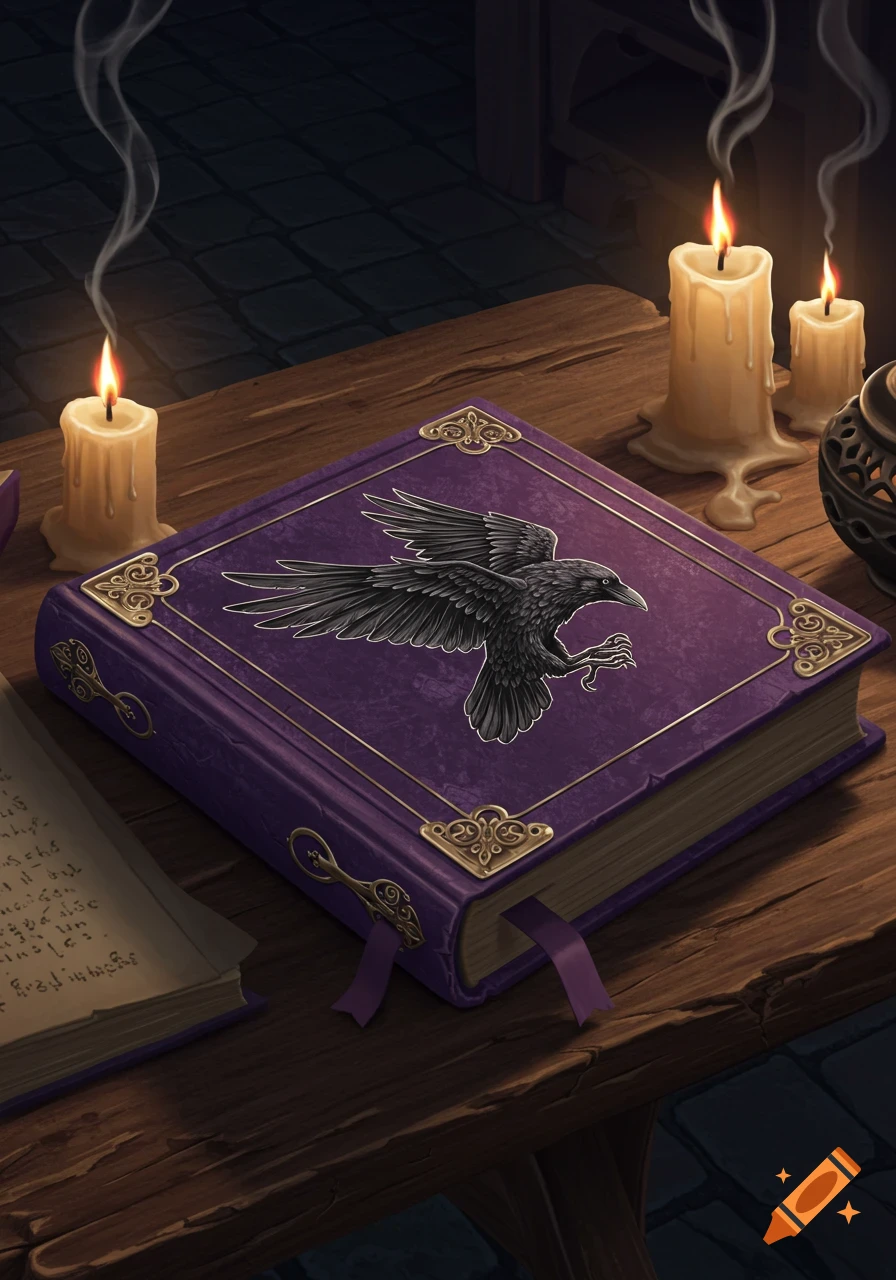 A stylized purple book with a black raven design on its cover lies on a wooden table, illuminated by flickering candles.