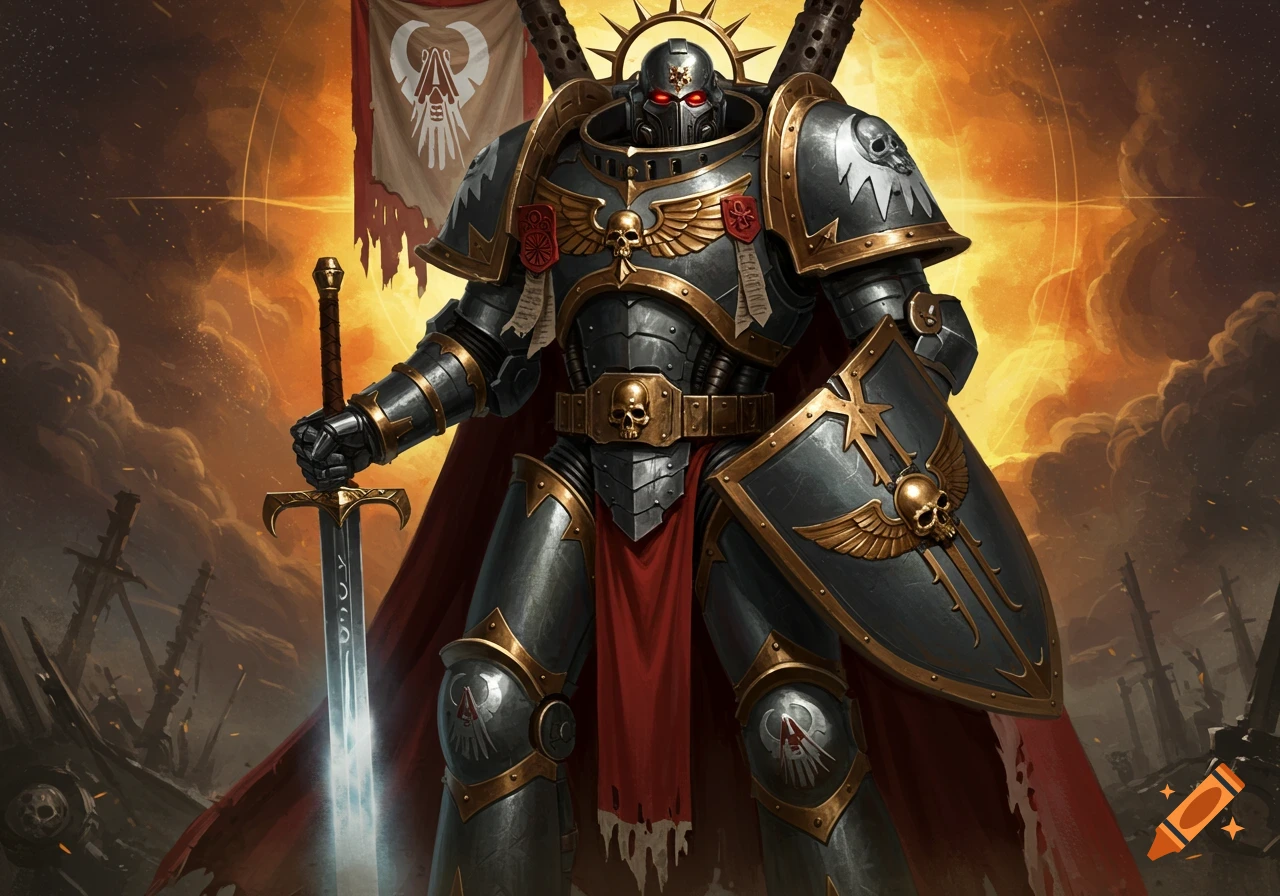 A heavily armored warrior, Supreme Grand Master Kaldor Draigo, stands in black and gold power armor, holding a glowing sword and shield, against an apocalyptic orange sky with a banner bearing a white symbol.