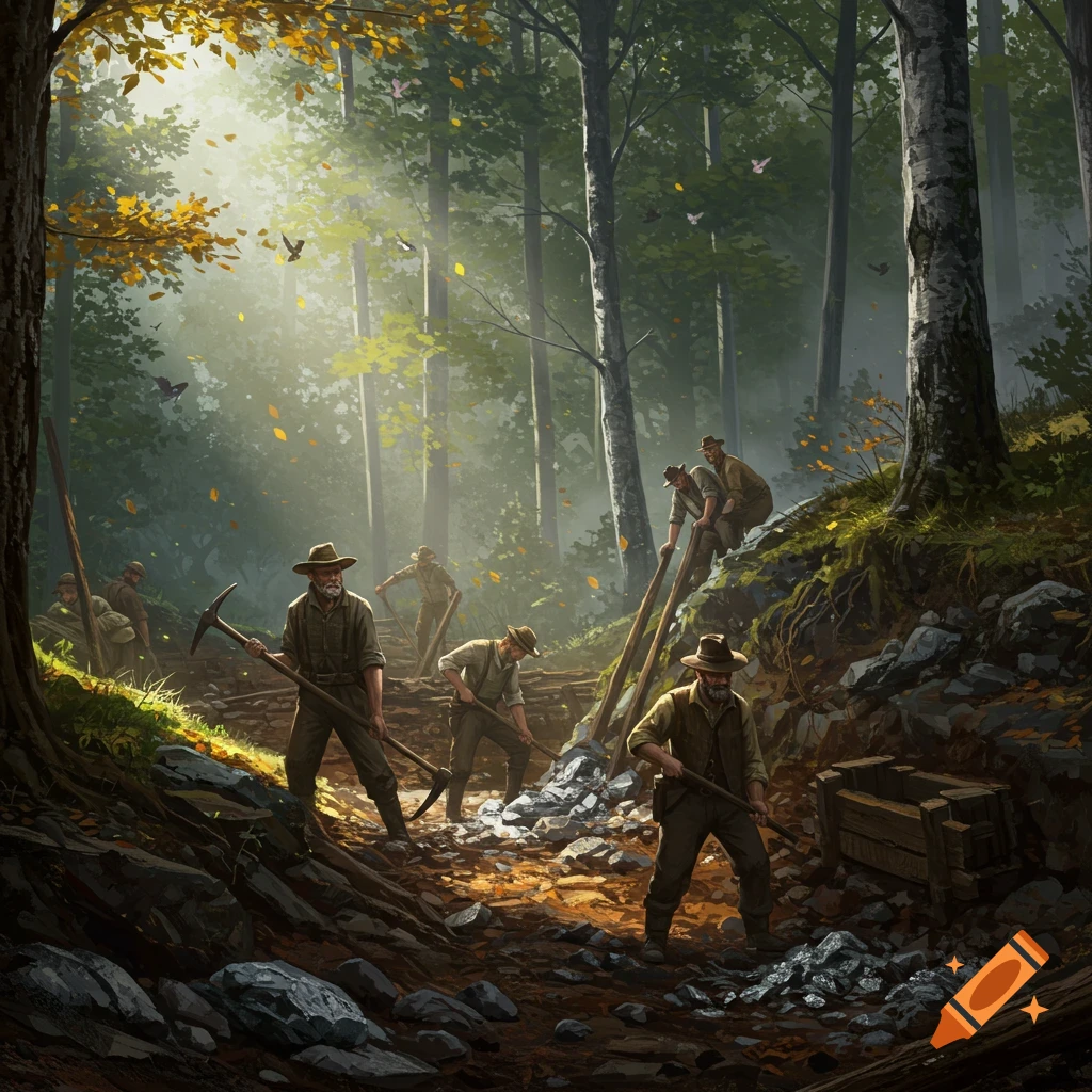Illustration of men mining in a sun-dappled forest, digging and hauling rocks with picks and shovels.