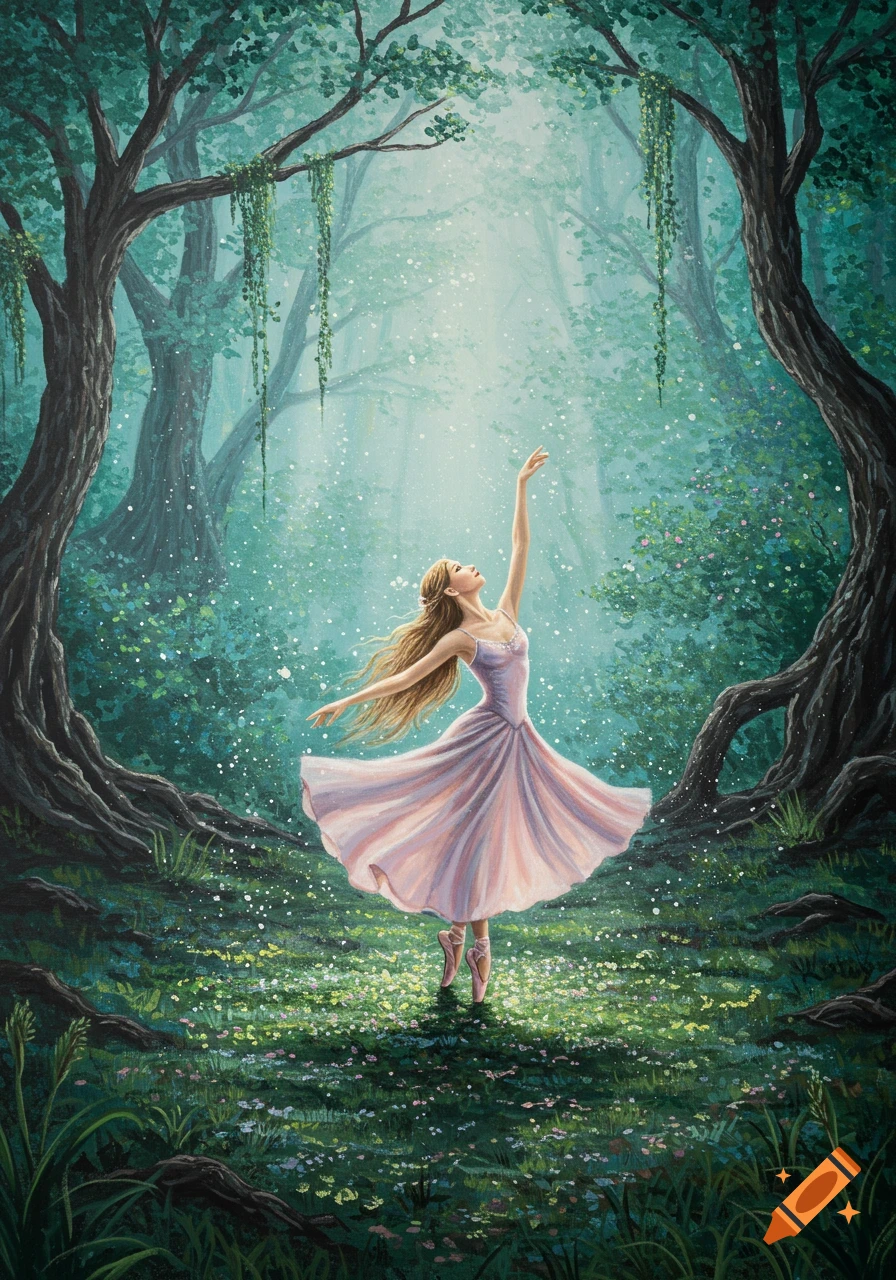 Acrylic painting of a ballerina in a pink dress dancing on pointe in an enchanted forest with sunbeams and sparkling dust.