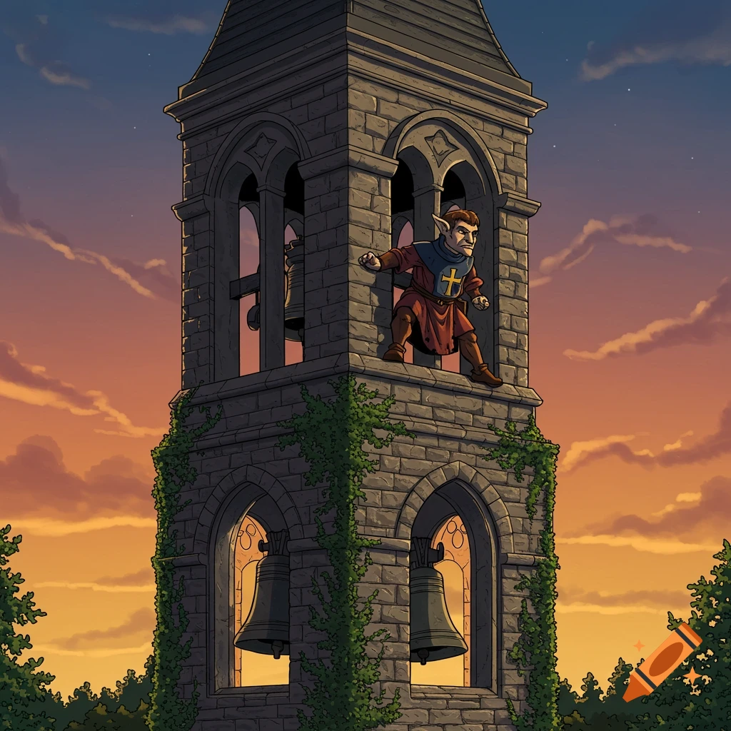 Cartoon illustration of an elf-eared hunchback character in a stone bell tower at sunset.