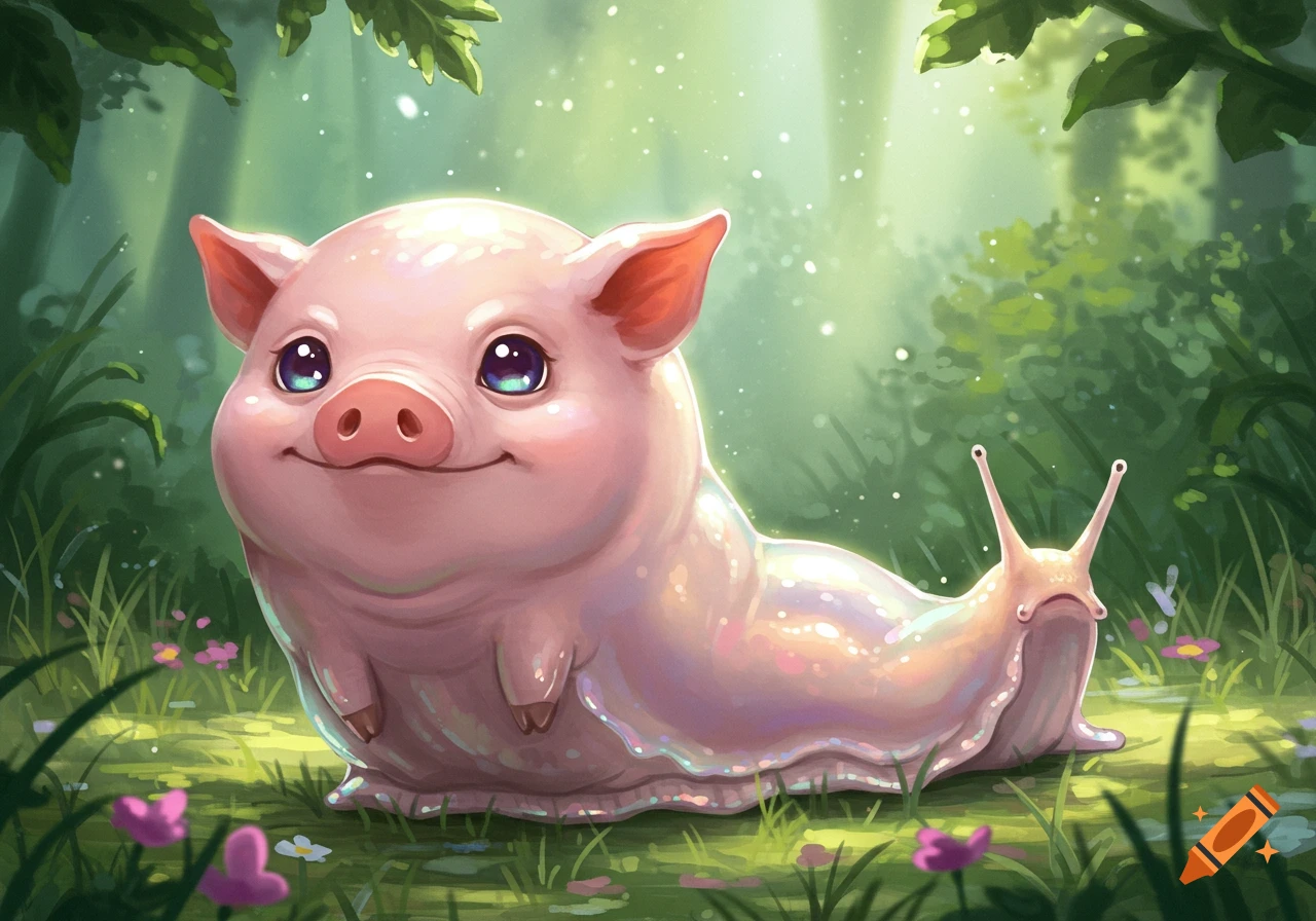A cute, smiling pig-slug hybrid with a pink head and a glistening pearlescent body, sitting in a vibrant green forest, digital art.