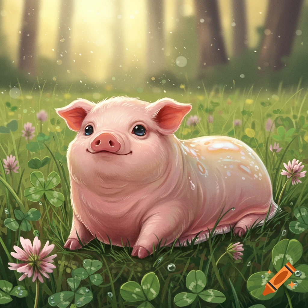 A cute pink pig-slug hybrid lies smiling in a field of green clover and pink flowers under dappled sunlight.