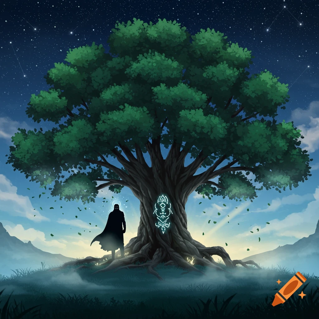 A cloaked silhouette stands beside a large, ancient tree with a glowing symbol on its trunk, under a starry night sky.