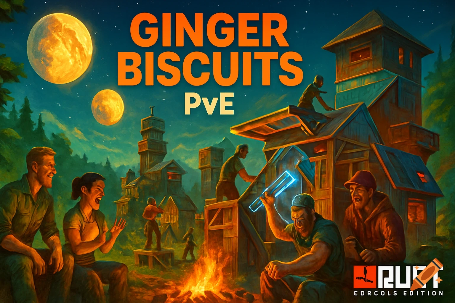 A colorful, painterly game art image showing people in a rustic, fortified settlement under two moons, with a campfire. Text reads 'GINGER BISCUITS PvE' and a 'RUST EDRCOLS EDITION' logo.