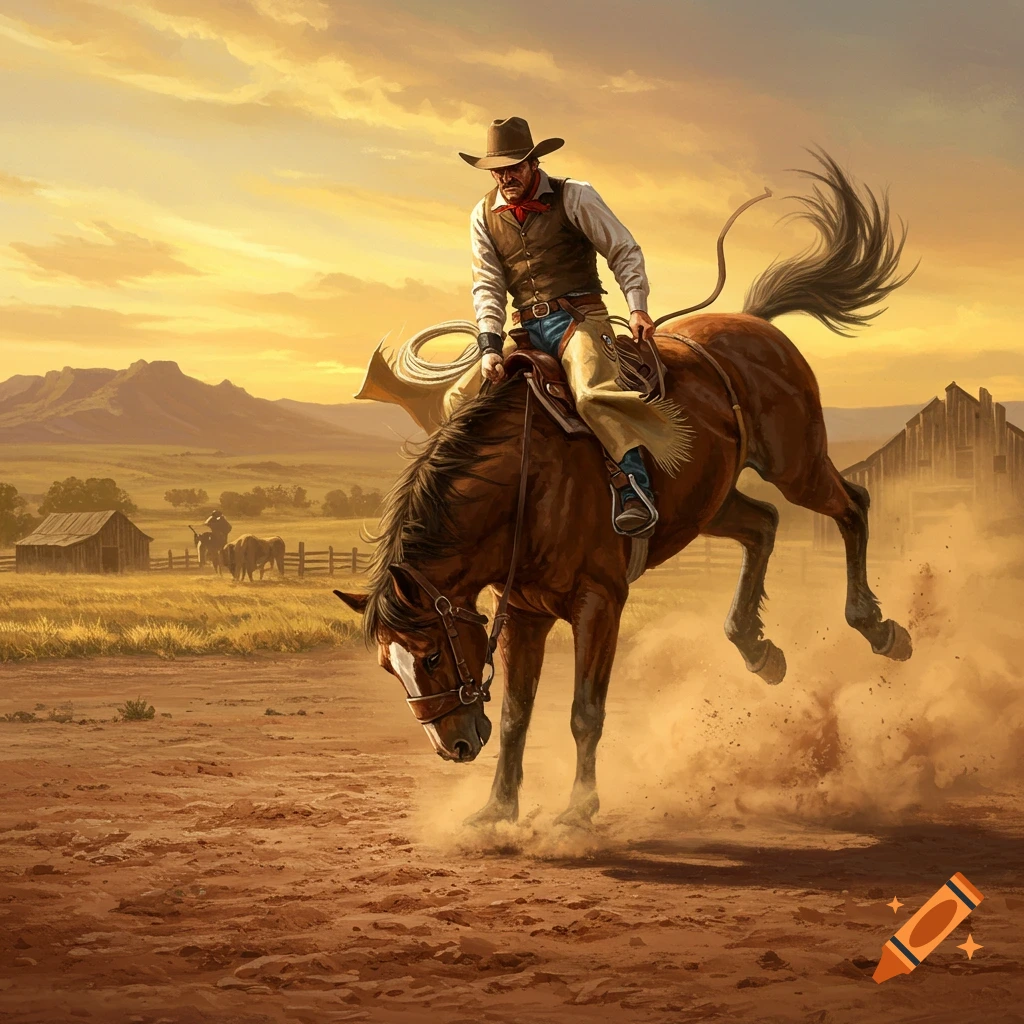 A cowboy rides a bucking bronco in a dusty Western landscape at sunset, digital painting.