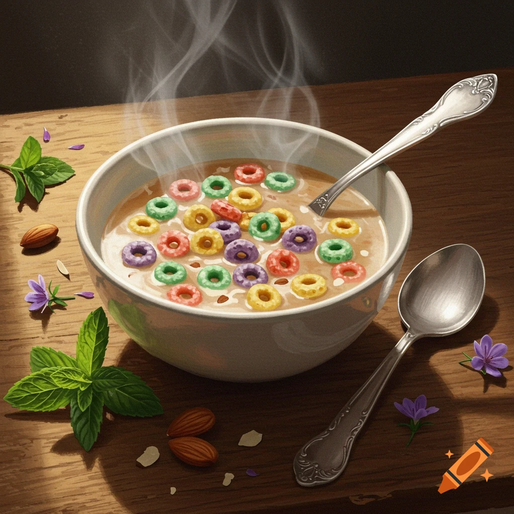 A bowl of colorful, O-shaped cereal with milk and steam, garnished with mint leaves and almonds on a wooden table, with spoons.