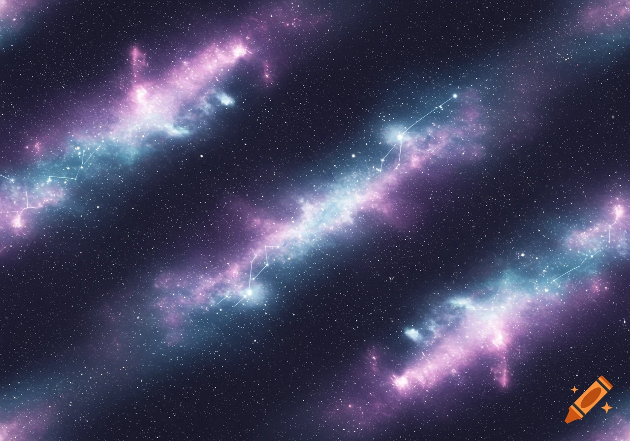 A seamless pattern of a vibrant starry night sky with pink and blue nebulae and white constellations.