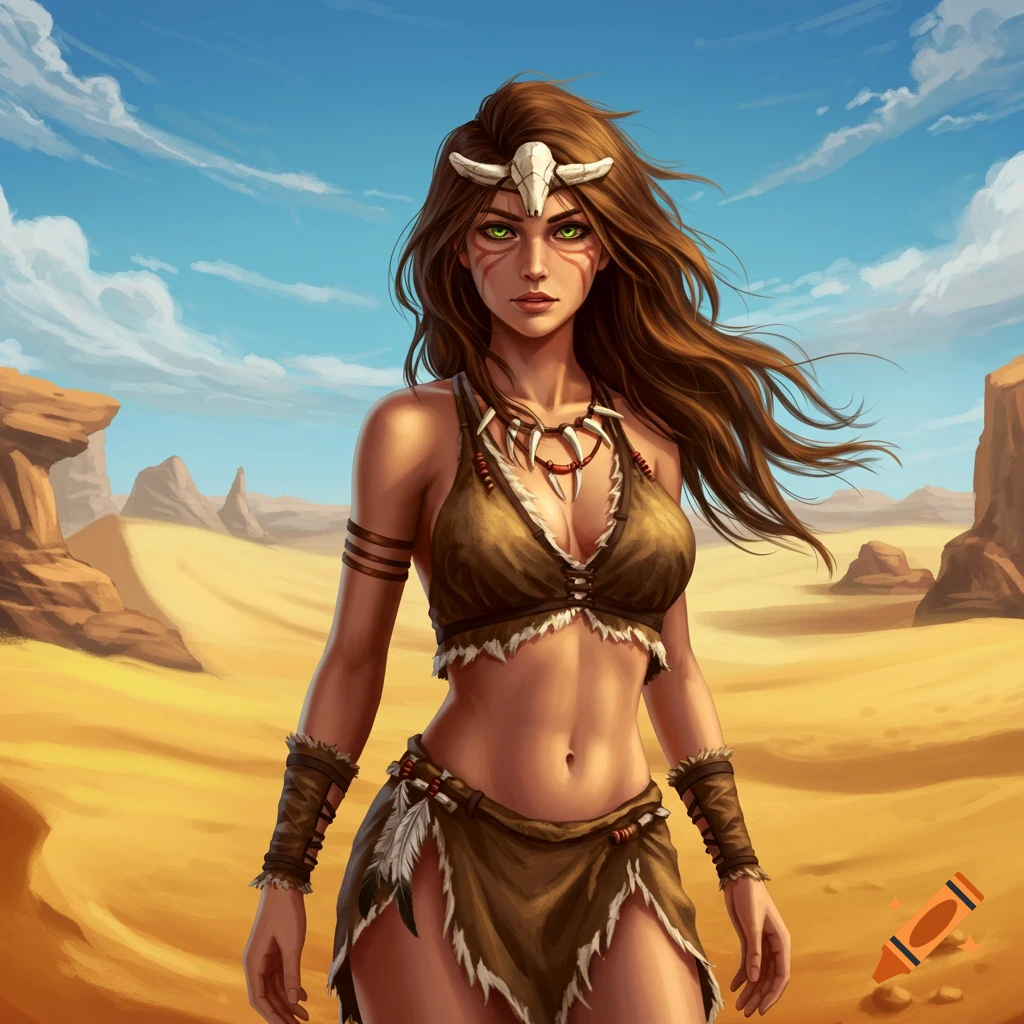 Fantasy art of a woman in a prehistoric outfit with a bone circlet, long brown hair, and green eyes, standing in a desert.