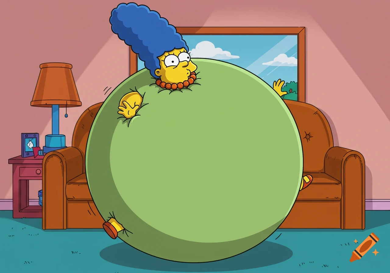 Cartoon drawing of Marge Simpson inflated like a giant green balloon in a living room.