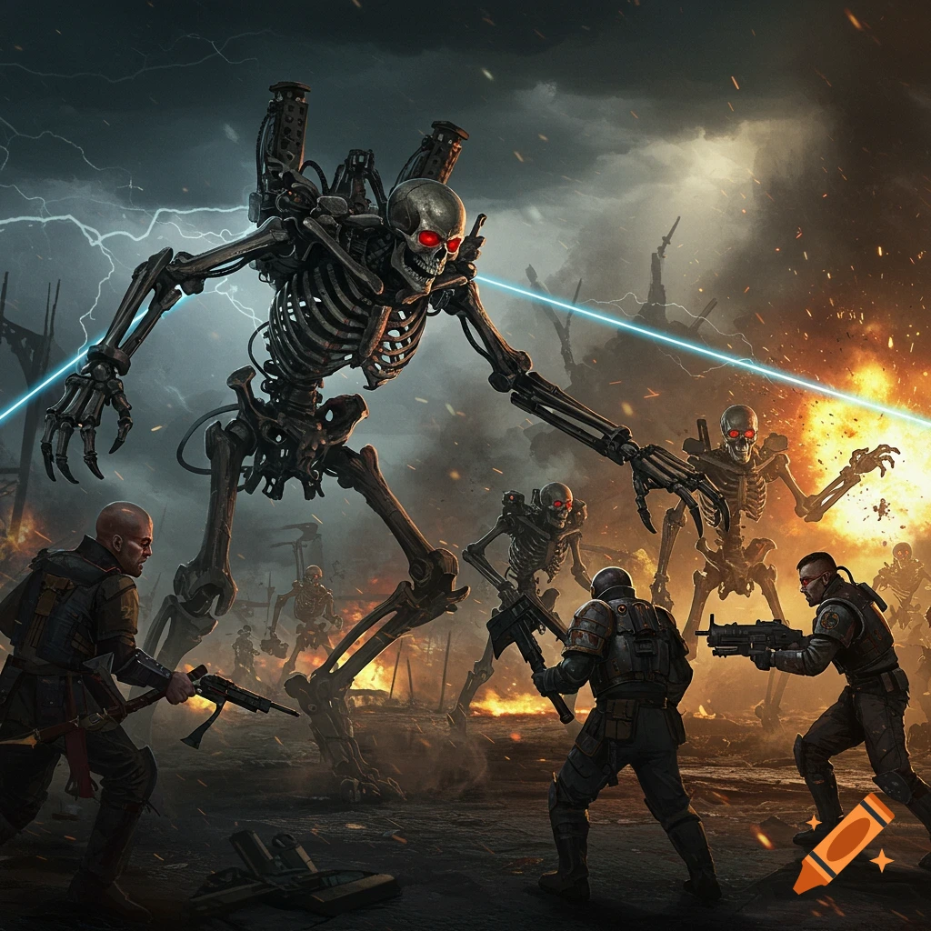 Giant skeleton robots with glowing red eyes battle human soldiers amidst explosions and lightning in a destroyed landscape.