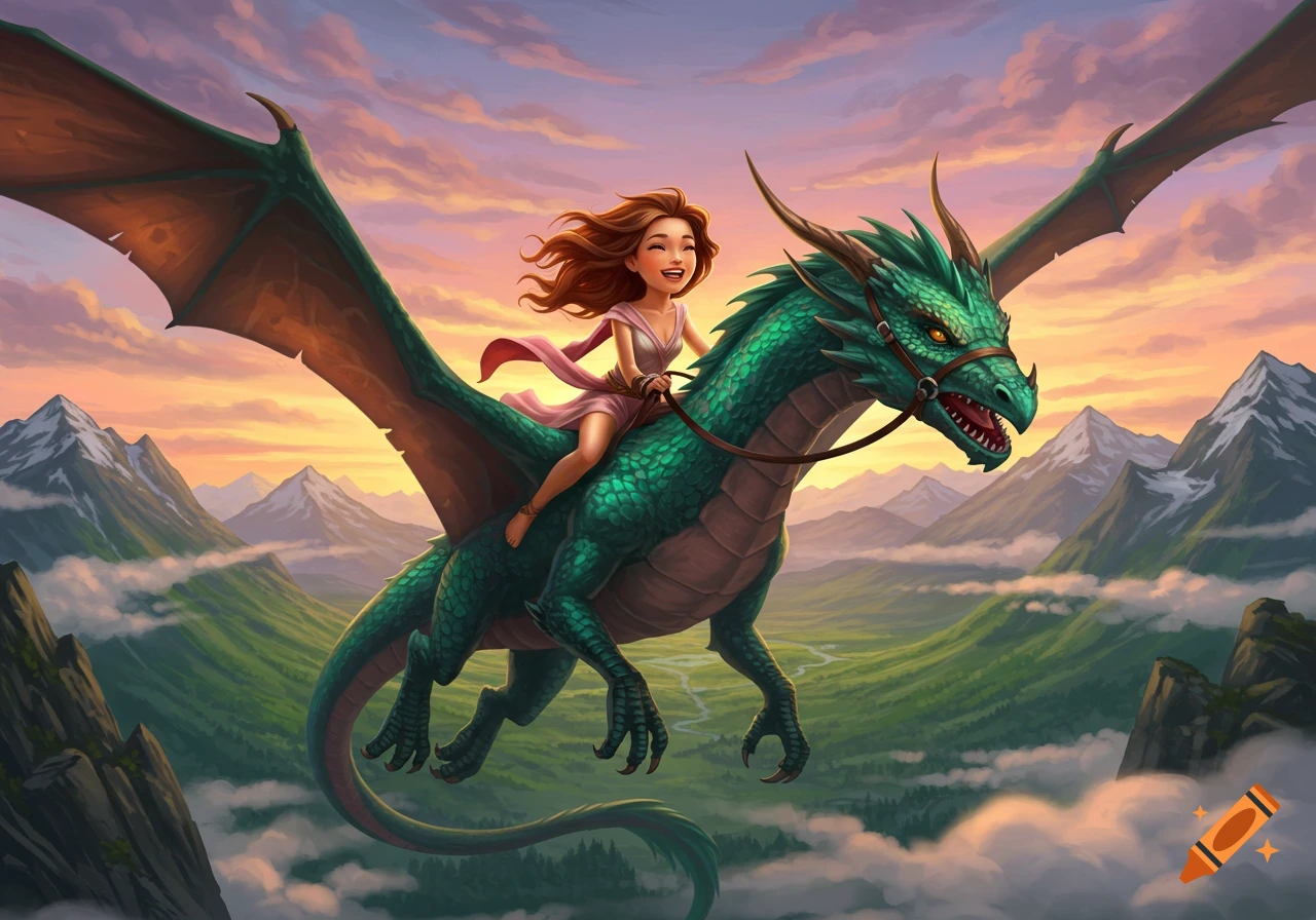 A smiling young woman in a pink dress rides a green dragon above a mountain valley at sunset in an illustration.