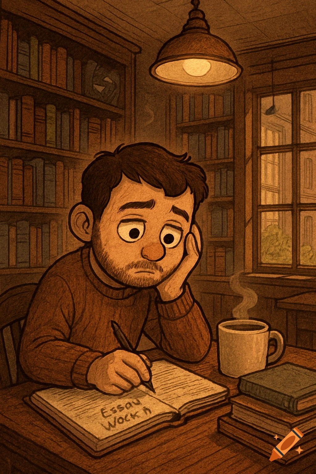 Illustrative image of a sad, bearded man writing in a book at a desk in a cozy library, with a coffee mug nearby.