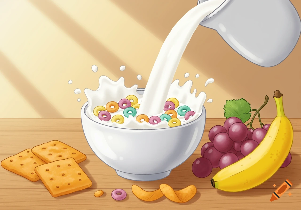 Milk pours into colorful cereal in a bowl, with crackers, grapes, and a banana on a wooden table, in a vibrant illustration.
