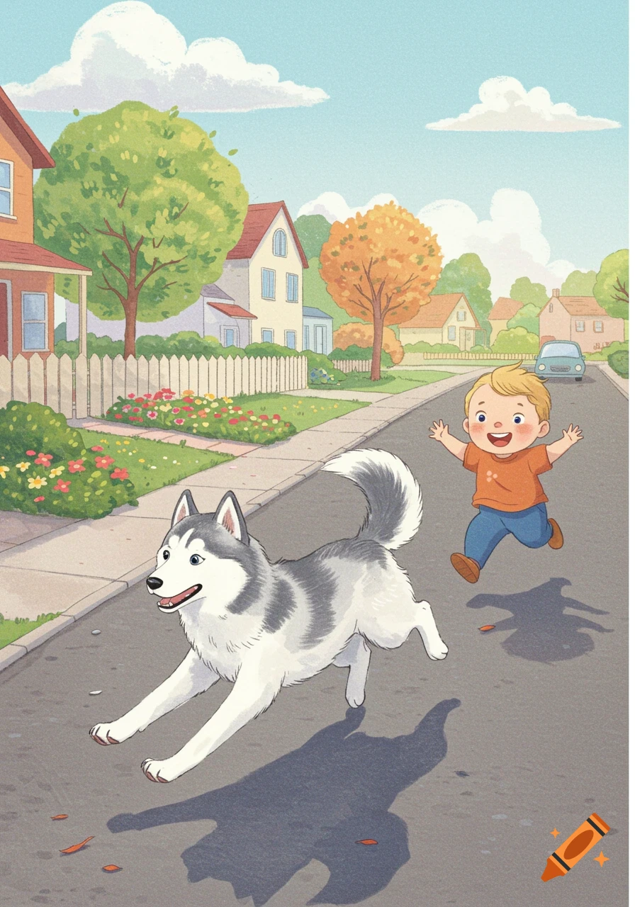 A happy husky dog runs down a sunny neighborhood street with a smiling toddler boy chasing behind it, in a picture book illustration.