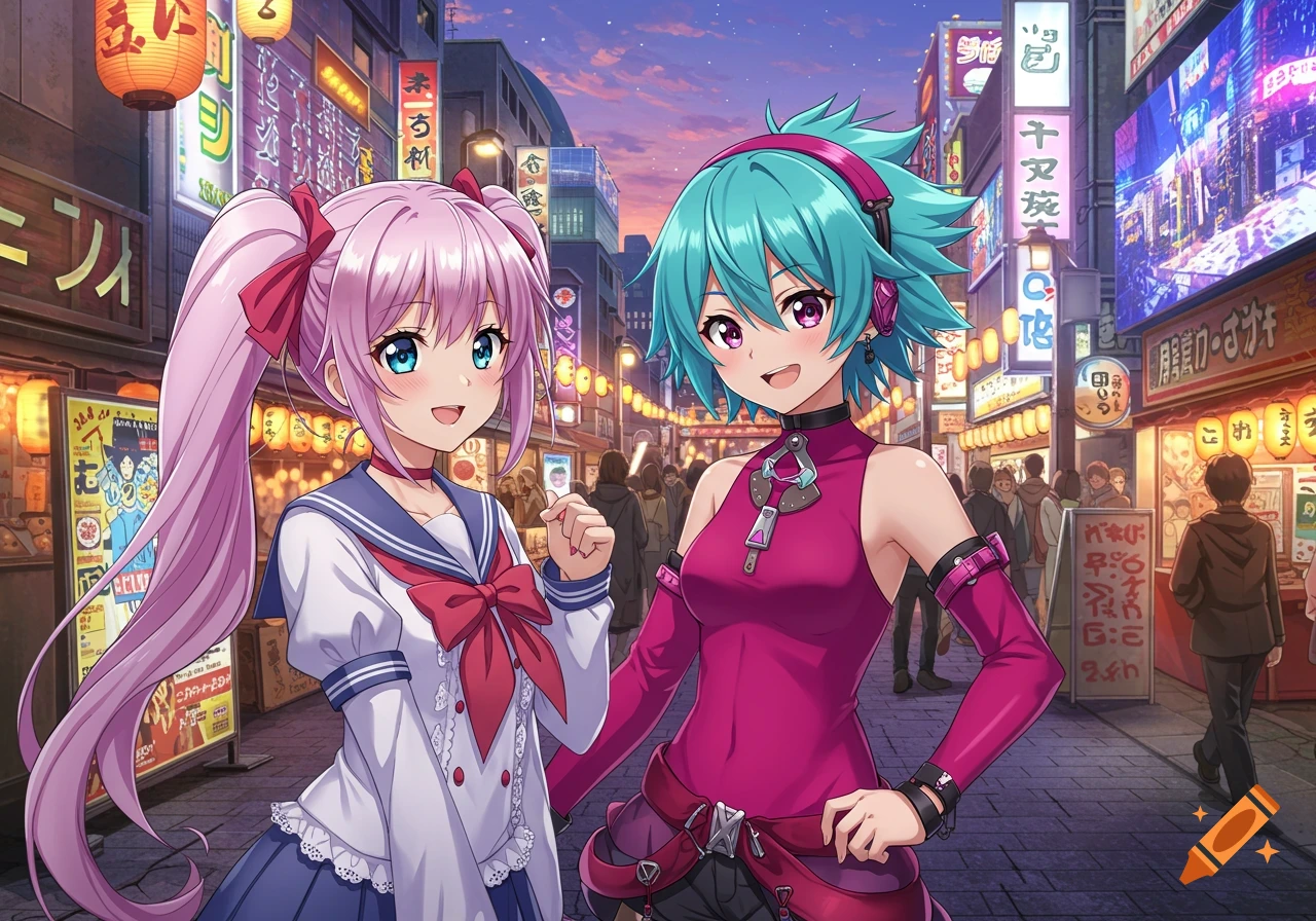 Two smiling anime girls, one with pink pigtails in a sailor uniform and another with teal hair, stand on a bustling, neon-lit city street at dusk.