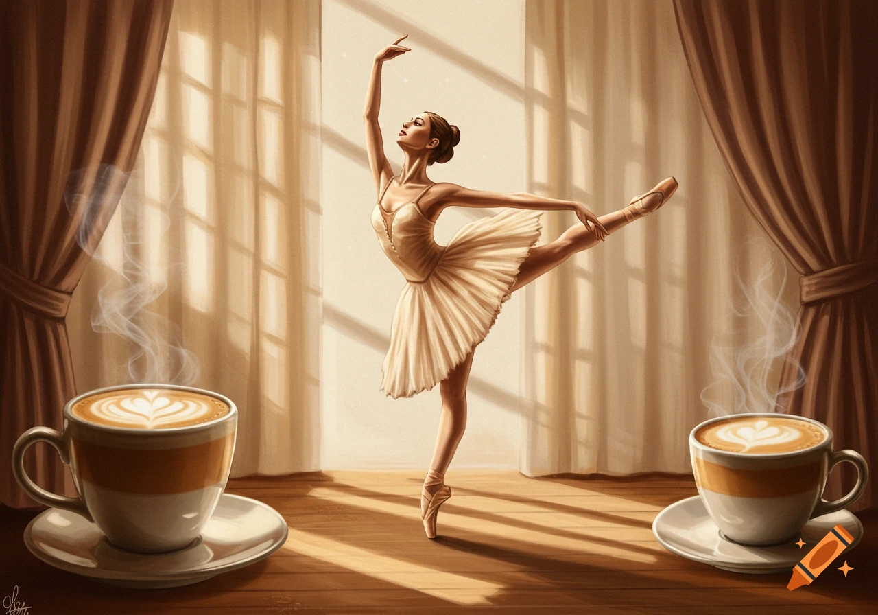 A painterly image of a ballerina posing en pointe between two steaming cups of coffee with heart latte art, bathed in warm window light.