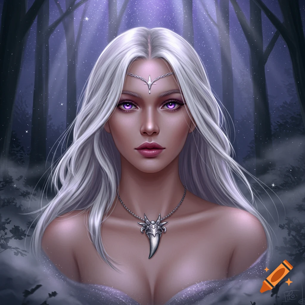 A fantasy portrait of an ethereal woman with long silver hair, glowing purple eyes, and a dragon tooth necklace, against a mystical forest background.