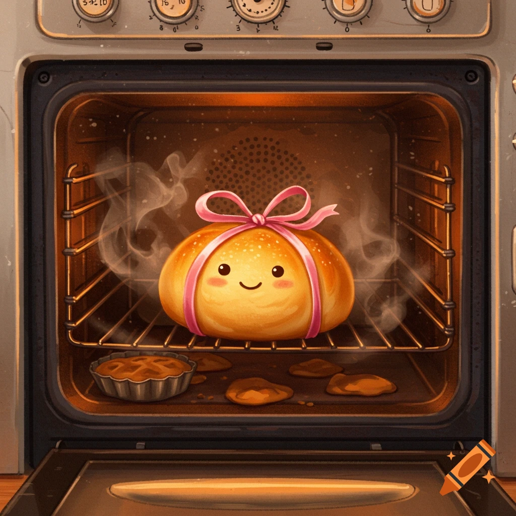 A cute, smiling bun with a pink ribbon inside a warm oven, with other small baked goods on the rack.