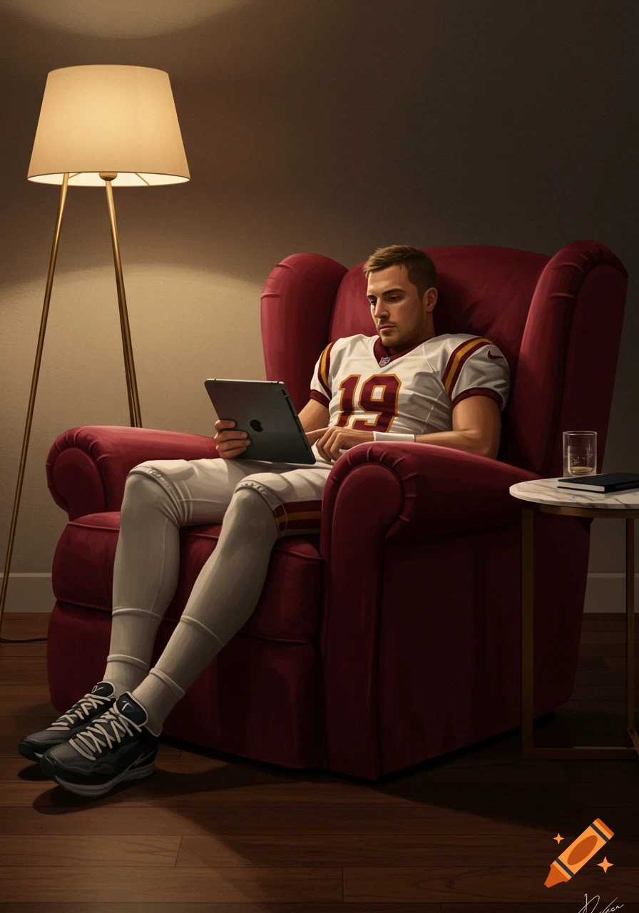 A man in a football jersey with number 19 sits comfortably in a red armchair, illuminated by a floor lamp, looking at a tablet.