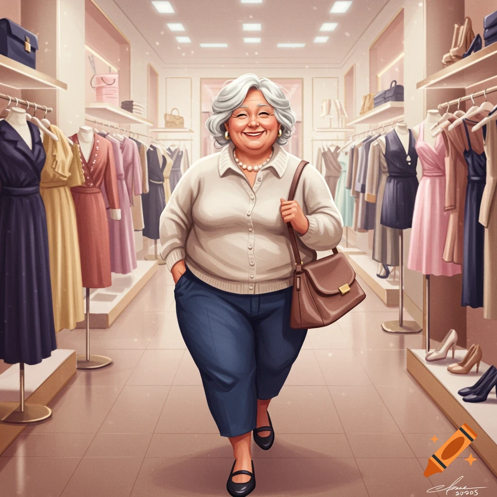 Smiling elderly woman with gray hair and handbag walks through a bright clothing store, rows of dresses and shoes visible.