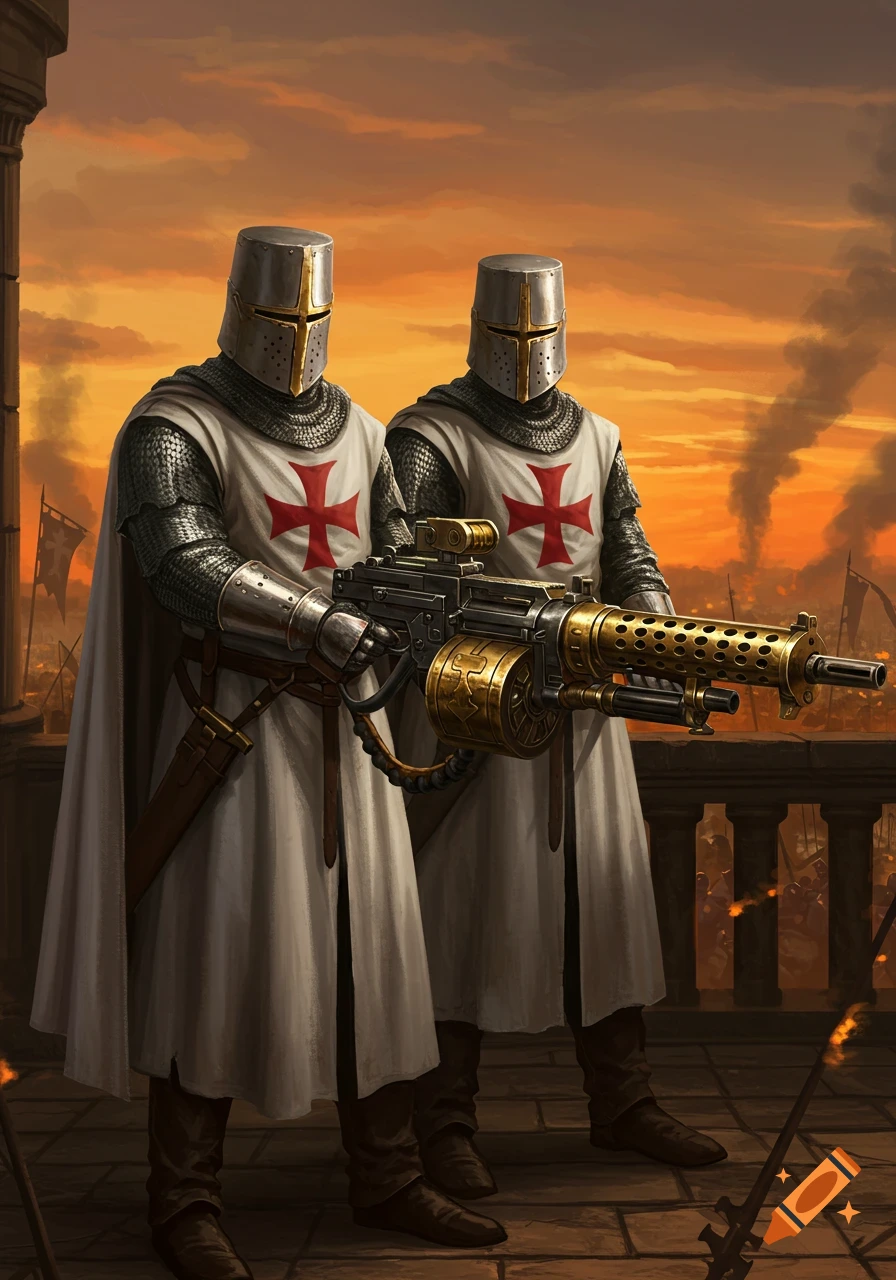 Two Knights Templar in crusader armor on a balcony, one with an ornate machine gun, against a burning battlefield at sunset. Digital painting.