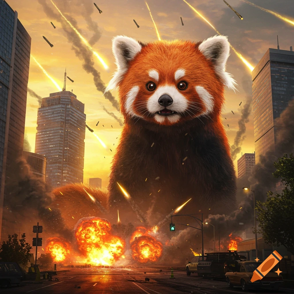 A giant red panda kaiju stands in a burning city under a barrage of missiles and explosions at sunset.