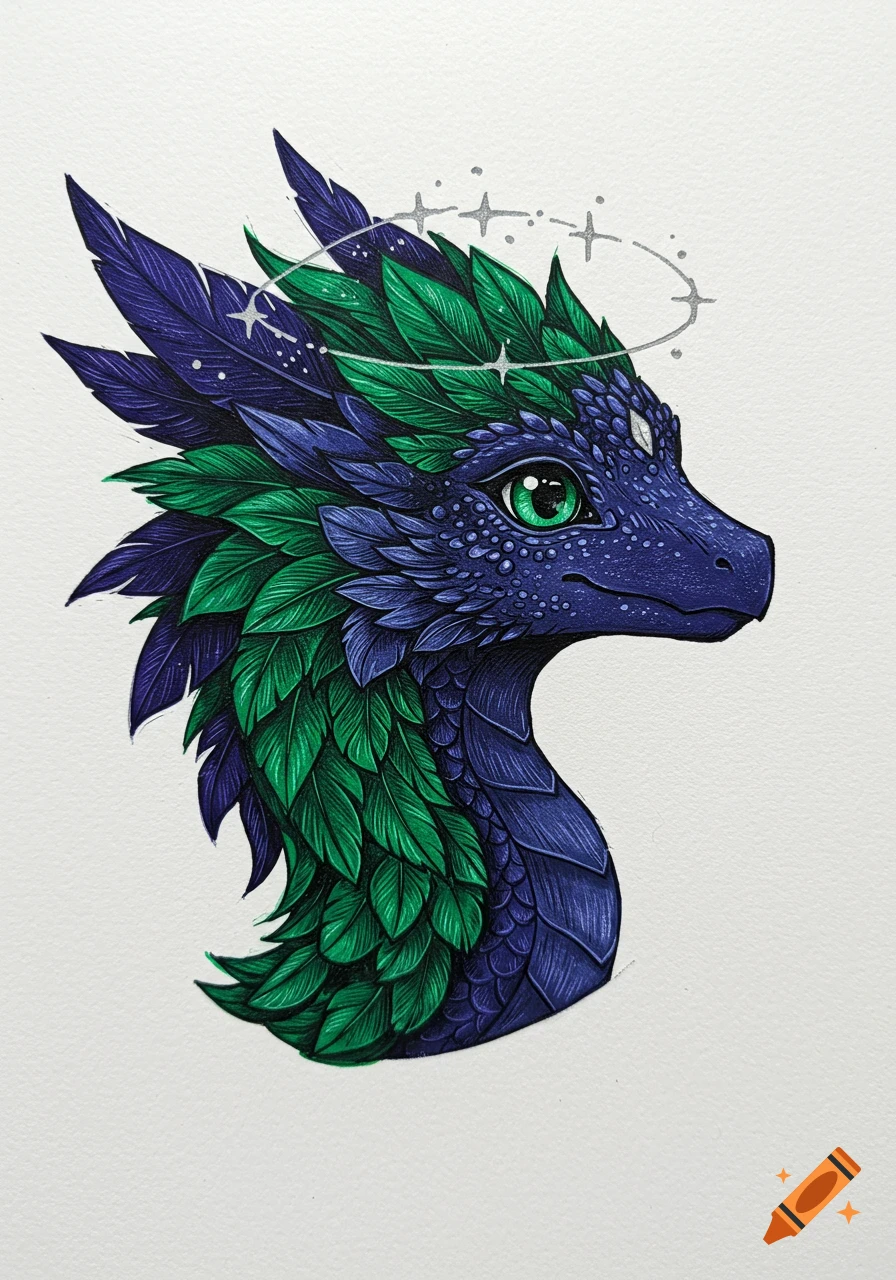 A whimsical feathered dragon portrait with indigo and emerald plumage, a green eye, and a silver star halo, on a white background.