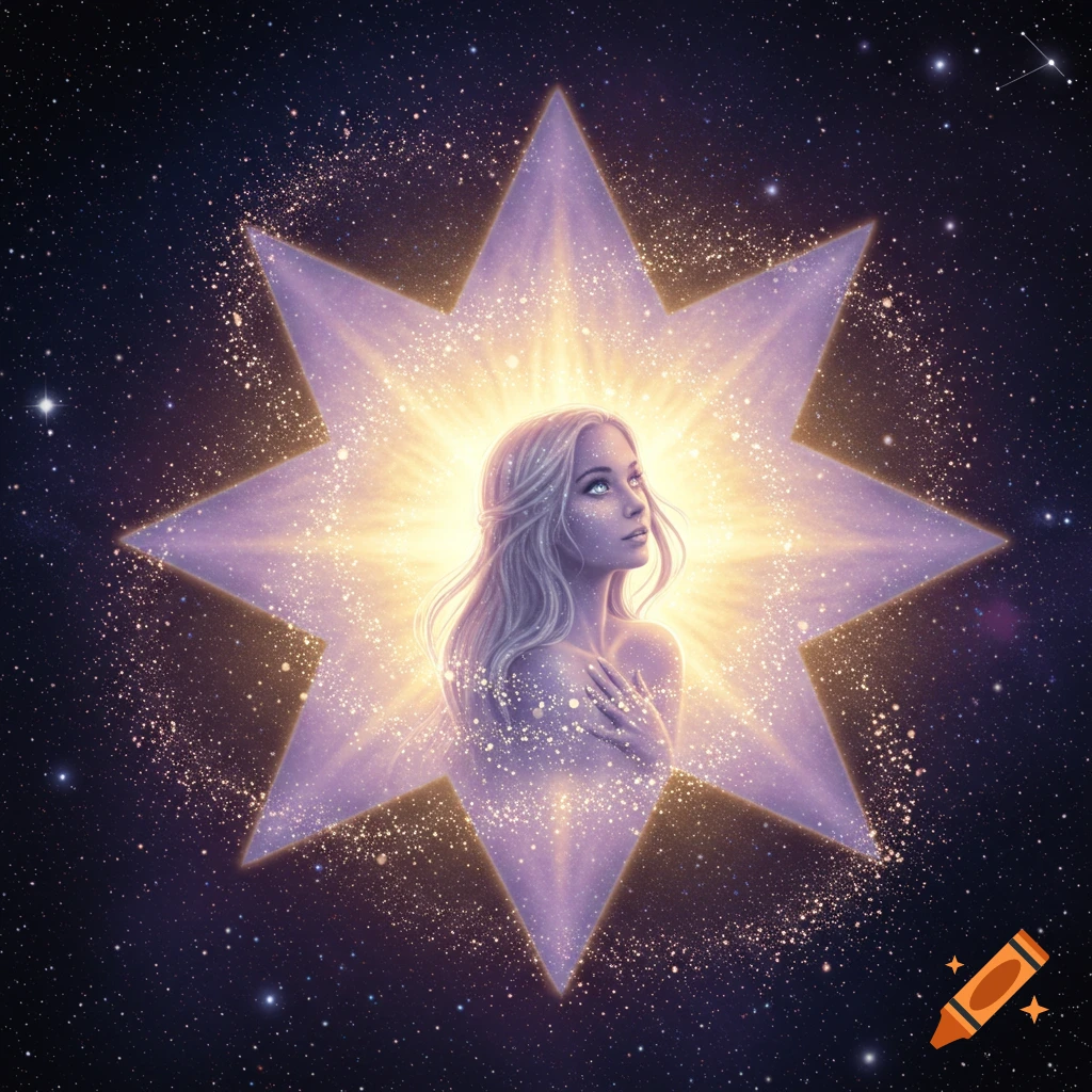 A glowing blonde woman with fair skin and light eyes looks upwards, centered within a radiating eight-pointed star against a dark, starry cosmos.