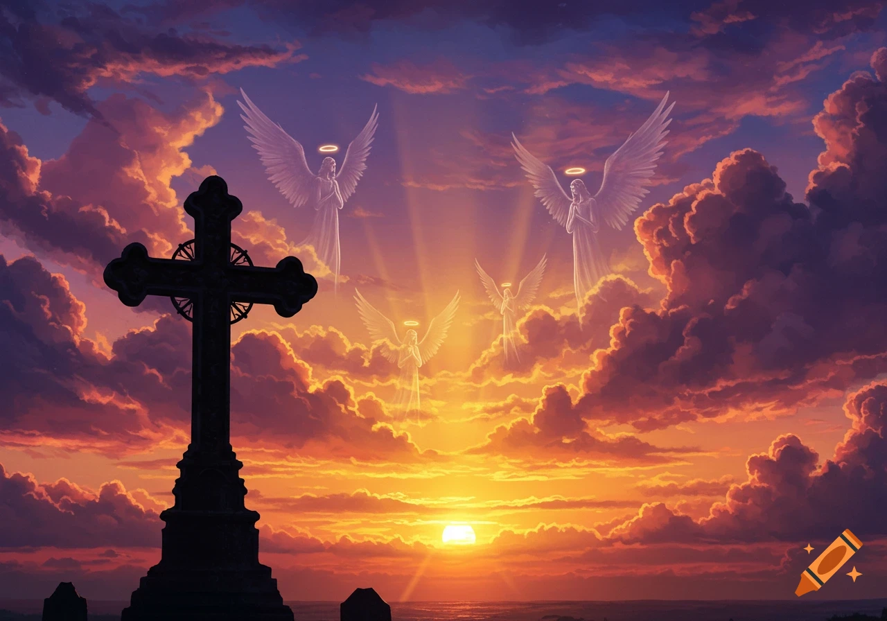 A silhouette of a large cross against a vibrant sunset sky filled with clouds. Four ethereal, glowing angels with halos and wings float among the clouds.