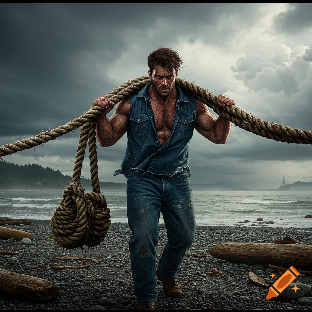 A muscular man in a denim vest pulls a heavy rope along a stormy, rocky beach with driftwood, looking determined.