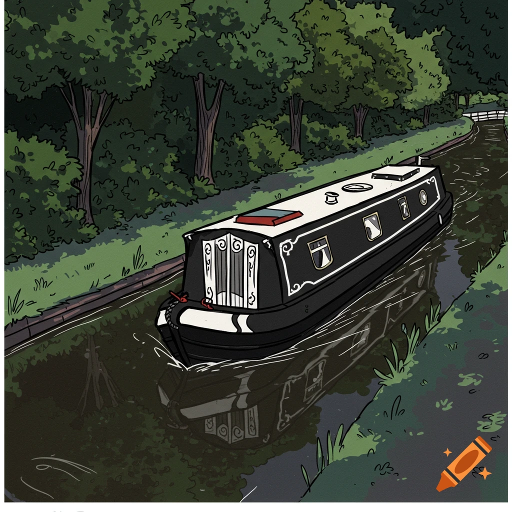 A 2D cartoon illustration of a black and white narrowboat on a canal, surrounded by lush green trees.