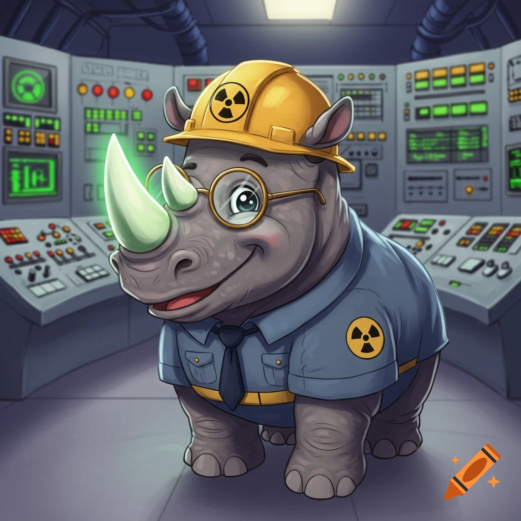 A cute cartoon rhino radiation safety officer in a blue uniform with a tie and a yellow hard hat, both with radiation symbols, stands in a control room.