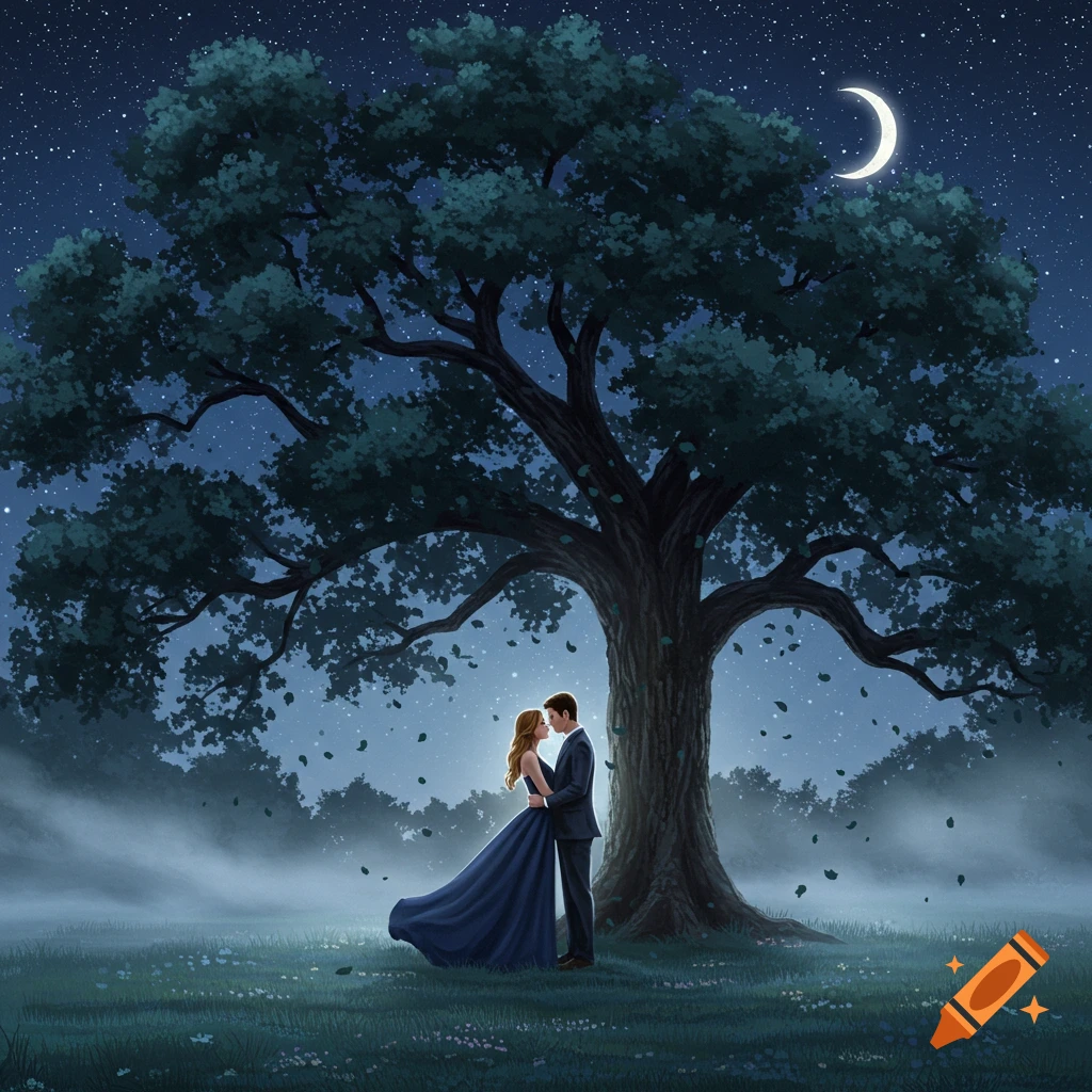 A romantic illustration of a couple embracing under a large tree at night, with a crescent moon, stars, and falling leaves.