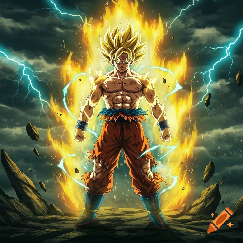 Goku in Super Saiyan form, surrounded by a powerful golden aura and lightning, standing on a cracked battlefield.