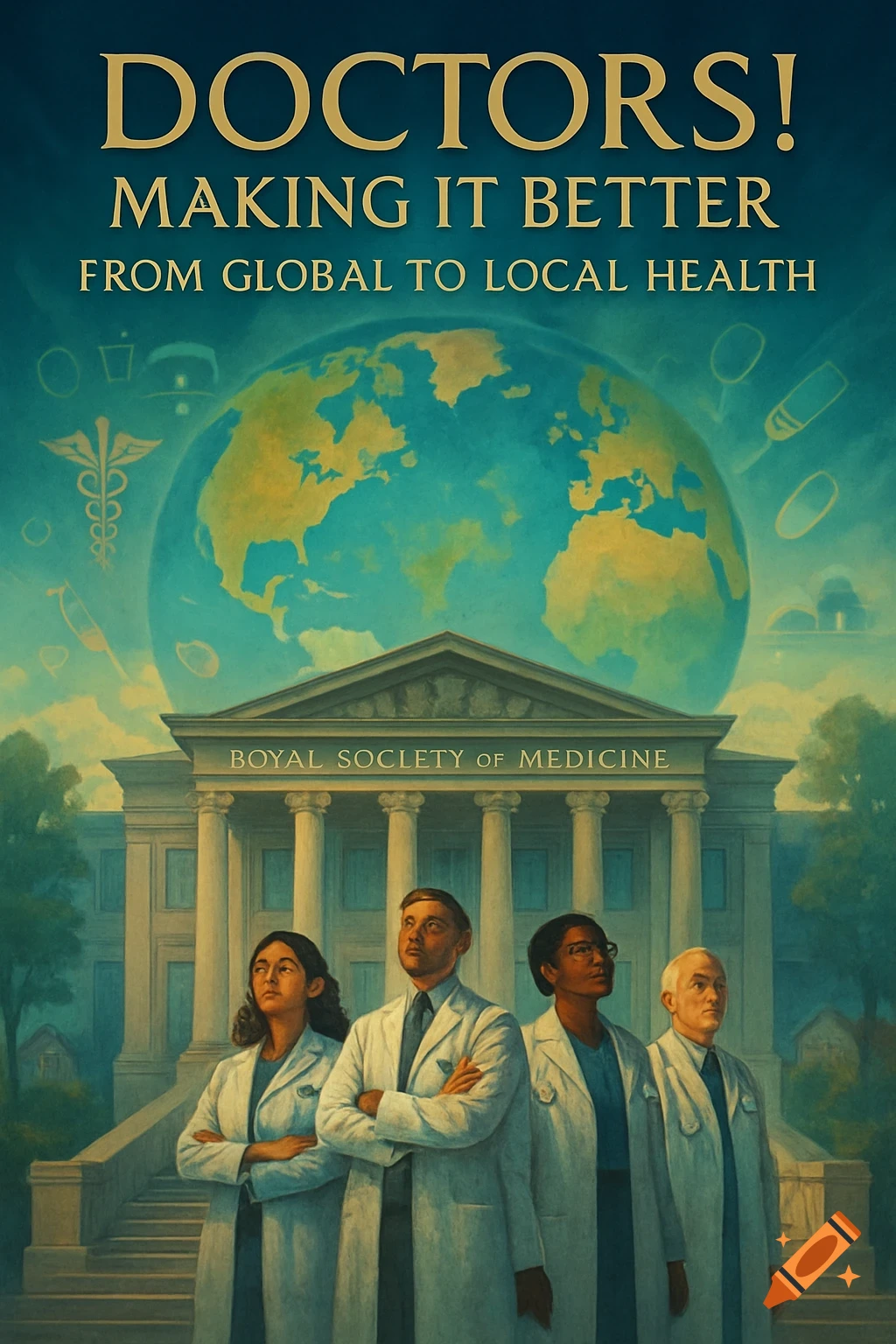 Event poster with four doctors in lab coats in front of a classical building under a globe. Text: Doctors! Making it better - From Global to Local Health.